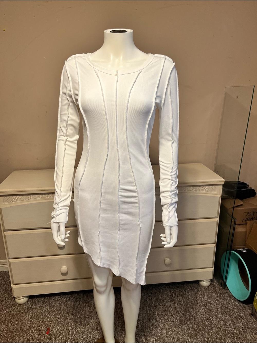SHEIN White Long Sleeve Seam-Panel Bodycon Dress